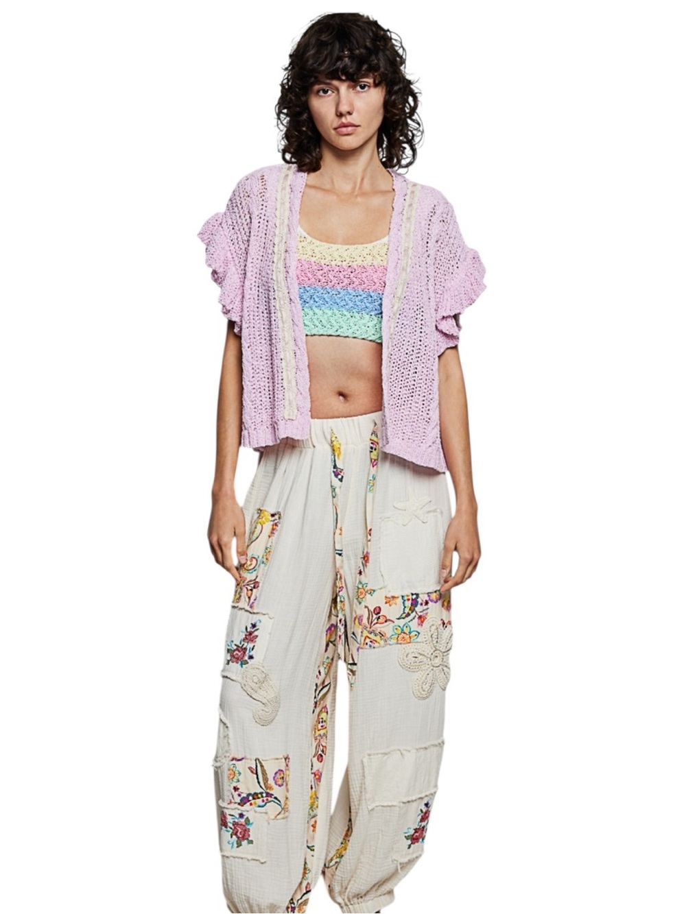 POL Pink Pastel Crochet Knit Open-Front Ruffle Short Sleeve Cardigan - Picture 2 of 6